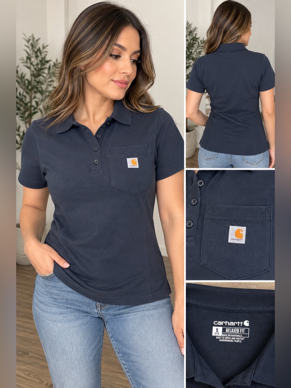 Carhartt Women’s Polo Shirt Size S Navy Blue Relaxed Fit Pocket Short Sleeve